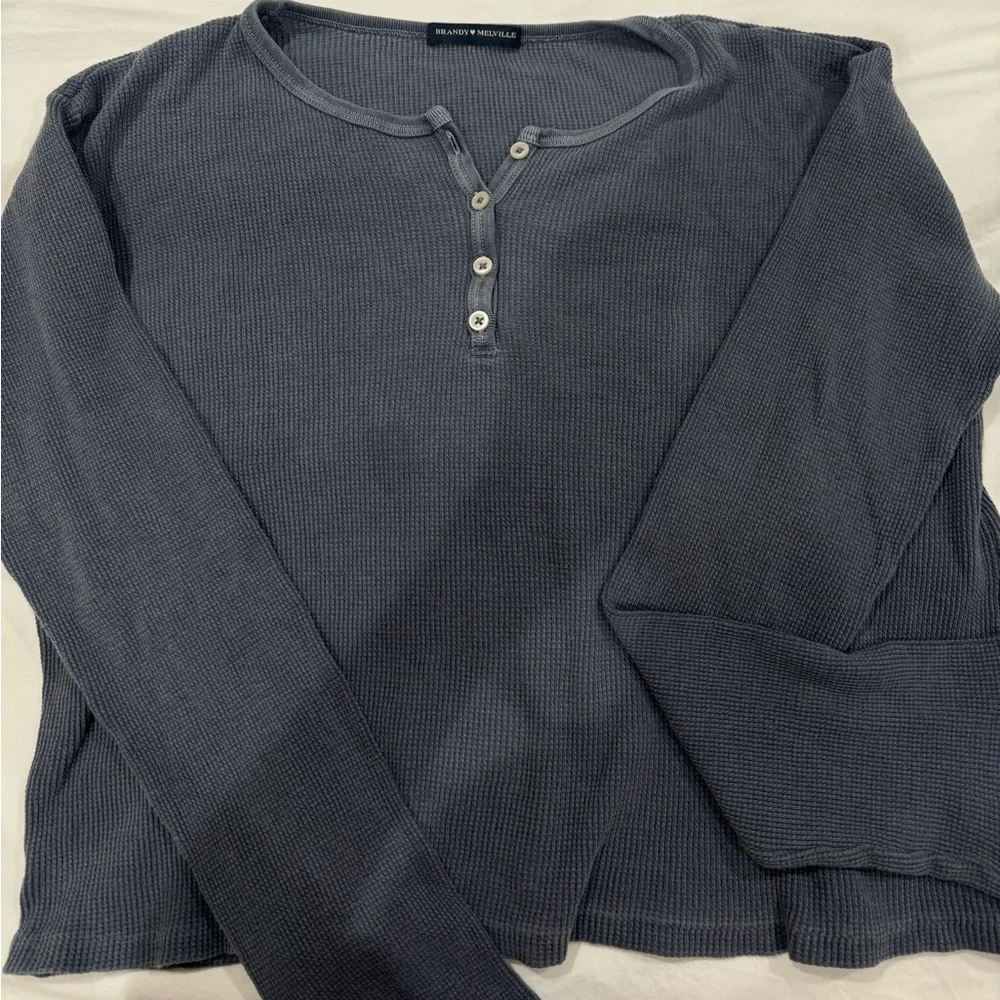 Brandy Melville Blue Waffle Top With Buttons - Picture 2 of 3
